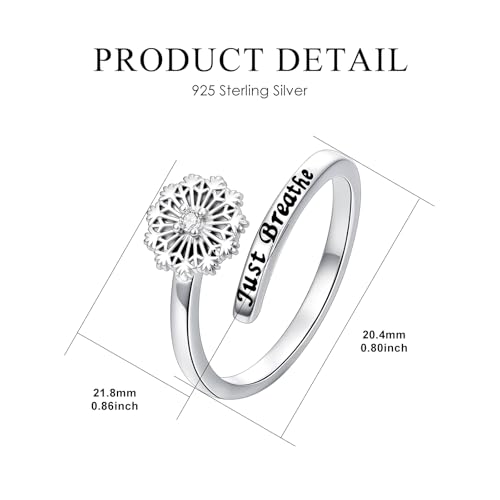 ROMANTICWORK Just Breathe Ring 925 Sterling Silver Cross/Lotus/Dandelion Adjustable Opening Ring Inspirational Jewelry for Women Birthday Christmas Gifts - style: Dandelion