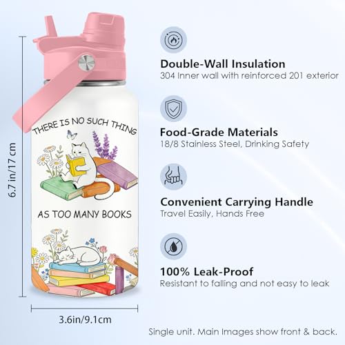 Cats Gifts for Women, 26oz Water Bottle with Handle for Girl Friends - color: Book-White