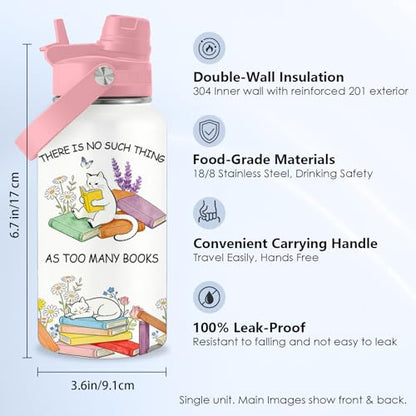 Cats Gifts for Women, 26oz Water Bottle with Handle for Girl Friends - color: Book-White