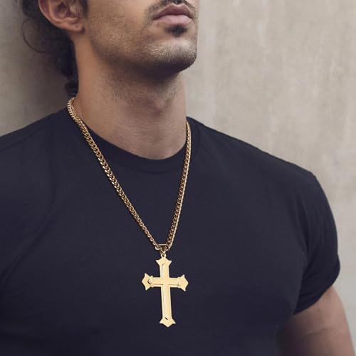 HZMAN Large Stainless Steel Christian Faith Cross Necklace for Men - color: Gold-1