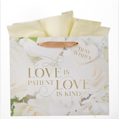 Christian Art Gifts Large Wedding Gift Bag with Tissue Paper - color: Love is Kind/White Rose, style: Large Landscape