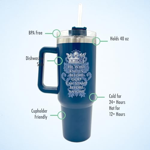 40oz Christian Tumbler for Men with Handle, Straw & Leak-Proof Lid – Insulated Stainless Steel Travel Mug with Bible Verses & Inspirational Quotes – Faith-Based Gift for Him – He Who Kneels - color: He Who Kneels