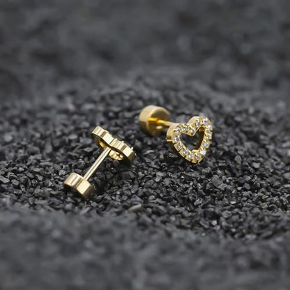 XUU 20G Flat Back Stud Earrings ASTM F136 Titanium & Sparkling CZ - color: gold heart