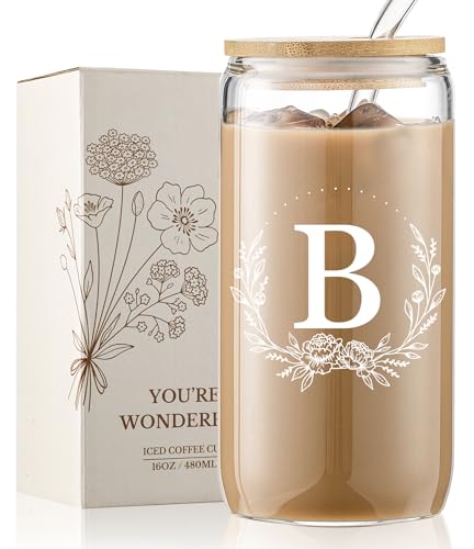 Personalized Gifts for Women, Monogrammed 16oz Glass Cups with Bamboo Lids and Straws, Customized Glass Tumbler, Cute Custom Mug, Customizable Initial Iced Coffee Glasses, Birthday Bridesmaid Mom, B - style: B