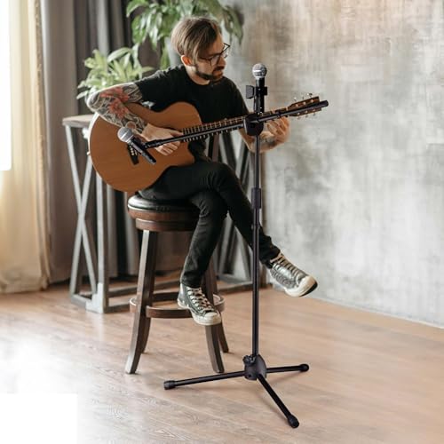 AW 2pcs Boom Mic Stand Floor Adjustable Height Mic Tripod Stand Dual Mic - color: Black-2 Mic Clips, size: 2 pcs