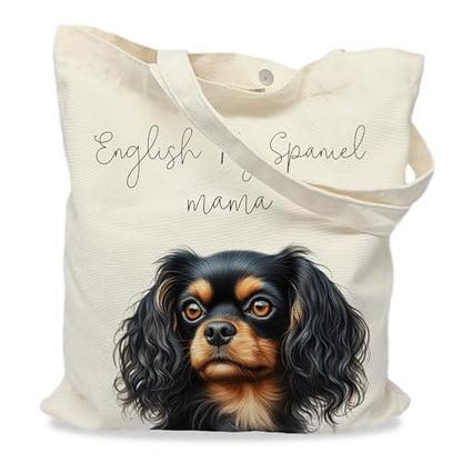 Dog Mom Canvas Tote Bag for Women, Reusable Cotton Shoulder Bag, Dog Lover Gift, Mother’s Day Pet Mom Shopping Tote - color: English Toy Spaniel