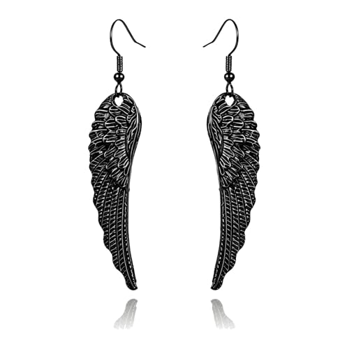 coadipress Angel Wing Earrings for Women Unique Silver Plated Fairy Feather Guardian Dangle Drop Hook Earrings Jewelry - color: Black Wing