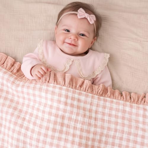 Konssy 100% Cotton Muslin Baby Blanket with Ruffle Trim for Girls, 43"x39" - color: Pink Check