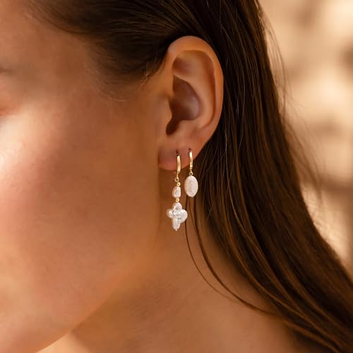 Moodear Gold Earrings for Women, 14K Plated Pearl Earring Stack Jewelry - color: 3pc cross pearl drop