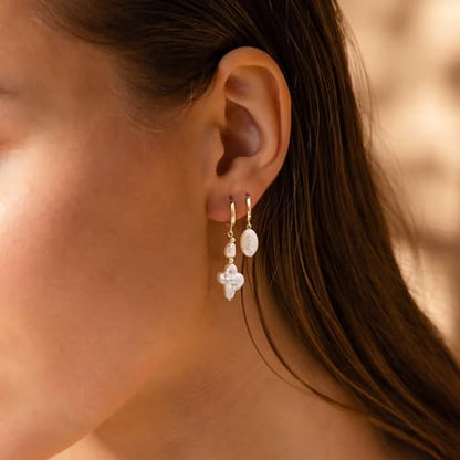 Moodear Gold Earrings for Women, 14K Plated Pearl Earring Stack Jewelry - color: 3pc cross pearl drop