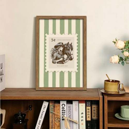 Cowgirl and Horse Wall Art Framed Canvas Print, Vintage Western Stamp Artwork Poster Painting, Rustic Farmhouse Country Wall Decor Picture for Living Room Bedroom Home Decor 16x24 Inch - color: A-Green Stamps, size: 24"L x 16"W