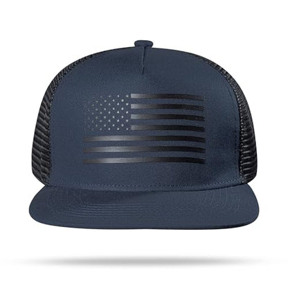UALON Baseball Cap, Snapback Trucker Hat for Men & Women with American Flag and Adjustable, Breathable Mesh, Flat Bill Hats - color: Navy/Black