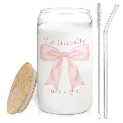 Coquette Pink Bow Girly Aesthetic Glass Cup with Lids and Straws 14oz, I'm Literally Just a Girl Glass Iced Coffee Tumbler Drinking Jars with Cleaning Brush, Girly Gifts for Women - color: Pink Bow4