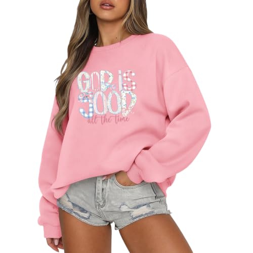 Christian God Is Good Sweatshirts for Women Jesus Bow Bible Verse Sweatshirt Faith Religious Graphic Hoodies - color: Pink, size: Small