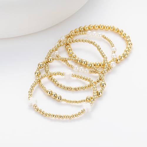Gold Beaded Pearl Cross Bracelets Stackable Christian Stretch Jewelry Set - color: White
