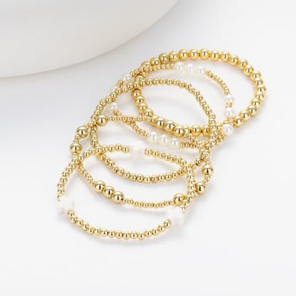 Gold Beaded Pearl Cross Bracelets Stackable Christian Stretch Jewelry Set - color: White
