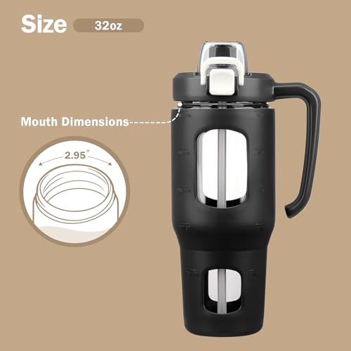 32oz Glass Tumbler with Straw Handle, Reusable Iced Coffee Cup, Black - color: Black