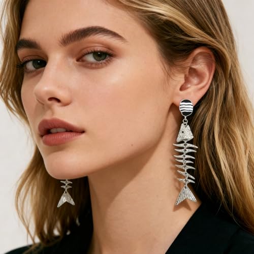 Creative Exaggerated Ocean Animal Drop Dangle Earrings for Women, Bohemia Style Alloy Lobster Octopus Fish Crab Earrings for Summer Beach Holiday Party Jewelry Gifts - style: Silver Fish Bone Earrings