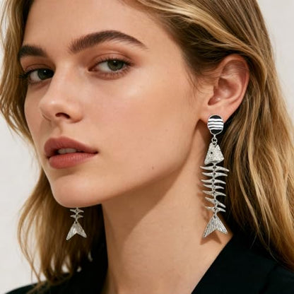 Creative Exaggerated Ocean Animal Drop Dangle Earrings for Women, Bohemia Style Alloy Lobster Octopus Fish Crab Earrings for Summer Beach Holiday Party Jewelry Gifts - style: Silver Fish Bone Earrings