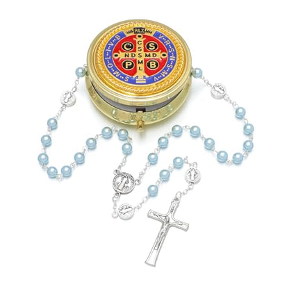 KOMI 6mm Glass Pearl Rosary Beads Catholic for Women with Metal Rosary Box Religious Gifts - style: St Benedict-blue