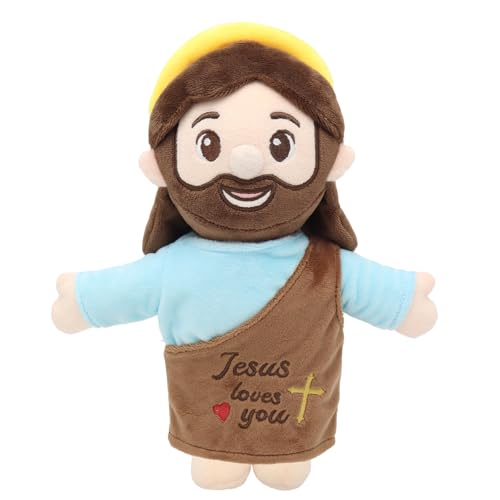 Yelakey Jesus Plush 10", Jesus Plush Stuffed Doll with Halo, White-Skinned Big-Eyed Cute Plushie Gifts for Kids, Christian Stuff Religious Party Toys for Church Easter Christmas Baptisms Favors - color: Brown-big-eyed