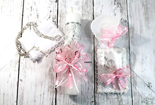 Elegant 5 Piece Baby Baptism Candle Set Favors Girl Boy White Set de Bautizo Espanol Nina Nino Berries Communion Lace (Pink) - color: Pink