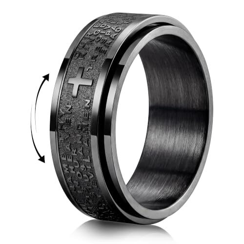 IRONBOX Stainless Steel Fidget Ring for Men Women Lord's Prayer Cross Ring - color: Black