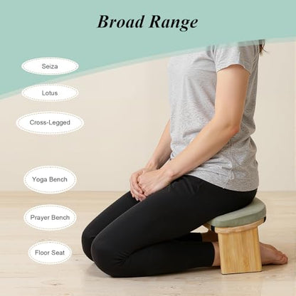 Folding Bamboo Meditation Bench, Ergonomic Portable Kneeling Meditation Stool with Soft Meditations Cushion Comfortable Foldable Prayer Bench for Deep & Longer Meditations (Green) - color: Green