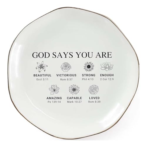 God Says You Are Beautiful Ring Dish – Christian Ceramic Jewelry Tray for Women, Inspirational Bible Verse Trinket Holder Gift for Her, Religious Baptism Gift - color: You Are Beautiful-02