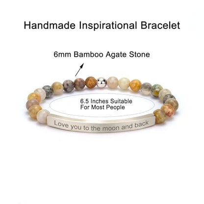 Inspirational Christian Bracelet for Women, Bamboo Leaf Agate Beaded Bible Verse Jewelry, 18K Gold Plated Religious Faith Gift, Scripture Encouragement Jewelry for Her - color: Love you to the moon and back-Bamboo Agate Silver