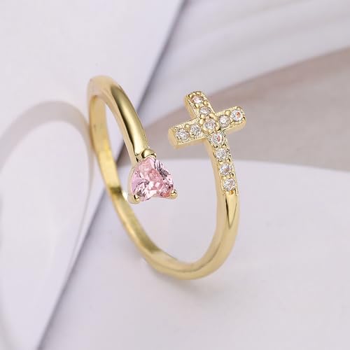 14K Gold Plated CZ Cross Heart Ring Eternity Promise Jewelry for Her - style: Pink Stone Heart Cross