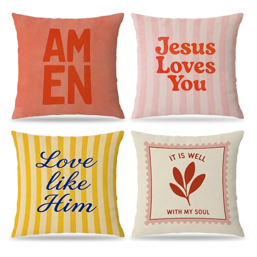 Inspirational Christian Pillow Cover 18x18, Christian Gifts for Women, Jesus Loves You Colorful Bible Verse Religious Pillow Pillowcase for Home Bedroom Living Room Bed Church, Set of 4 - color: Red