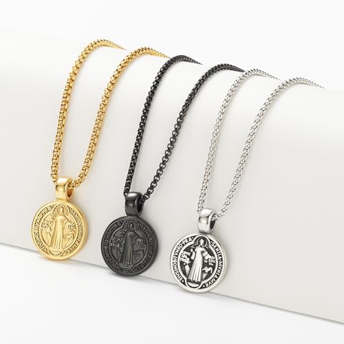 St Benedict Exorcism Medal Necklace for Men Catholic Cross Pendant - color: Gold