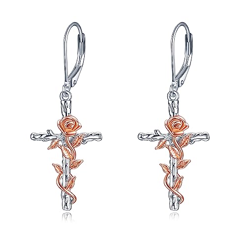 LUHE Sterling Silver Corss/Daisy/Musica Note Dangle Earrings for Women - style: Rose Flower Cross Earrings