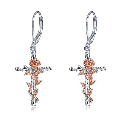 LUHE Sterling Silver Corss/Daisy/Musica Note Dangle Earrings for Women - style: Rose Flower Cross Earrings