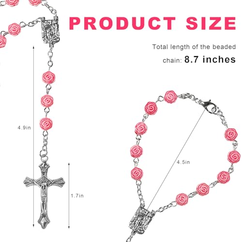 2 PCS Rosary for Rearview Mirror, Religious Cross Bead & Medal Car Rear View Mirror Hanging Ornament, Personalized Rosary Pendant Christian Auto Decoration for Women Men (Pink Rose) - color: Pink Rose