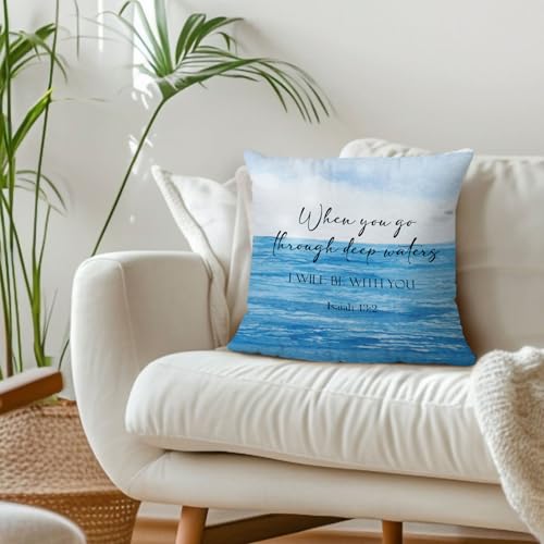 Coastal Beach Christian Throw Pillow Covers 18x18 Inch, Blue Ocean Beach Bible Verse Decorative Pillow Cover for Bedroom Living Room Couch Sofa, Religious Accent Pillows Cover Pillowcases