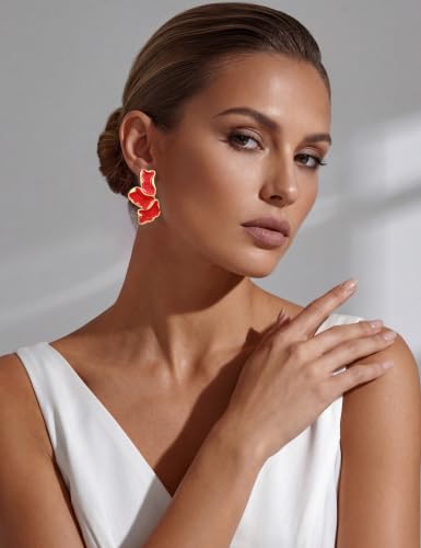 S925 Sterling Silver Flower Statement Earrings For Women Trendy - color: light red