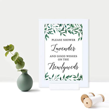 Andaz Press Framed Wedding Party Signs, Natural Greenery Green Leaves, 4x6-inch, Please Shower Lavender and Good Wishes on The Newlyweds, 1-Pack, Includes Reusable Photo Frame, Lavender Ceremony - color: Activities Lavender