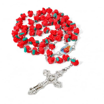 Rosary Beads Red Rose Garden Rosarios Catolicos for Catholic Christian Gift - color: RED