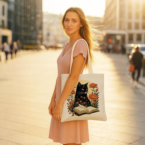 Canvas Tote Bag Aesthetic for Women, Cute Tote Bag with Zipper Pocket, Heavy Duty Reusable Shopping Bags for Grocery - color: 04-cat Floral