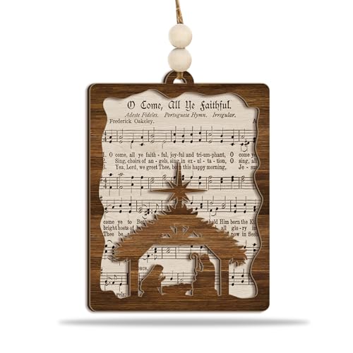 Nativity Hymn Ornament “O Come, All Ye Faithful” – Wooden Christmas Tree Decoration with Hymn Sheet & Holy Family Silhouette Ornament – Christian Holiday Keepsake & Religious Gift