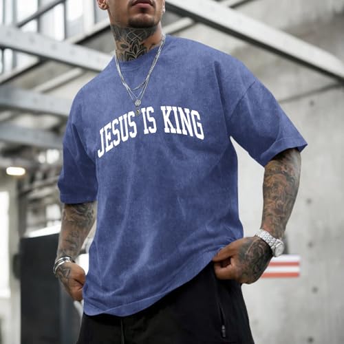 Mens Christian Shirts Jesus is King Love You Tshirt God Faith Religious Bible Verse Oversized Acid Wash Graphic Tees - color: Blue, size: X-Small