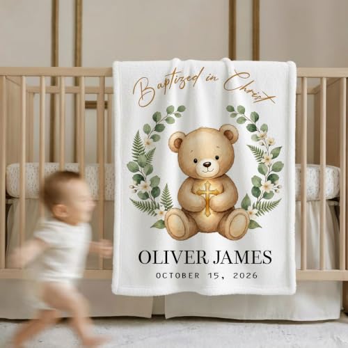 Personalized Baptism Teddy Bear Toddler Blanket, Baptized in Christ Christian Cross Throw, Custom Name and Date Faith Keepsake for Boy Girl, Religious Gift from Parents Grandparents - color: Baptsim Toddler Blanket#7