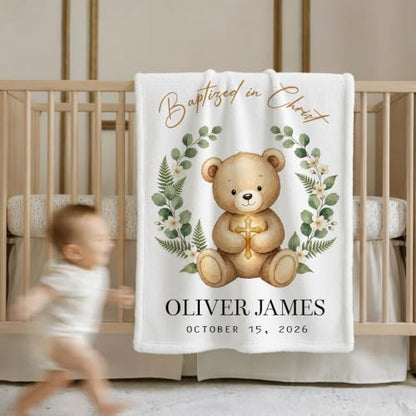Personalized Baptism Teddy Bear Toddler Blanket, Baptized in Christ Christian Cross Throw, Custom Name and Date Faith Keepsake for Boy Girl, Religious Gift from Parents Grandparents - color: Baptsim Toddler Blanket#7