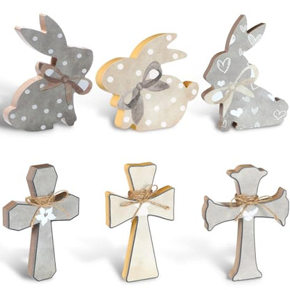 6 Pcs Easter Decorations Wood Bunny Cross Decoration Sign Tiered Tray Decor Farmhouse Rabbit Cross Easter Decor for the Home Spring Table Centerpiece, 6 Inch(Simple) - style: Simple