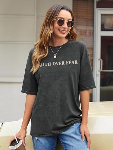 Faith Over Fear Shirt for Women Graphic Shirts Oversized Graphic Christian Tshirts Tees Tops - color: Gray, size: Medium