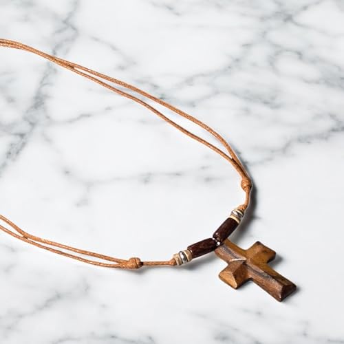 BlueRica Hand Carved Wood Cross on Adjustable Light Brown Cord Necklace