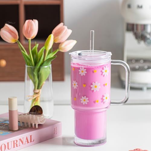 INSETLAN 26 oz Glass Tumbler with Handle, 2-Pack Iced Coffee Cups - color: 2 Pcs - Daisy