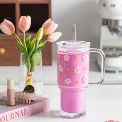 INSETLAN 26 oz Glass Tumbler with Handle, 2-Pack Iced Coffee Cups - color: 2 Pcs - Daisy